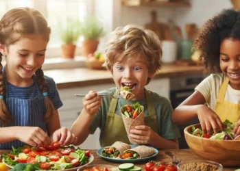 Bambini felici in cucina preparano un piatto sano con verdure fresche e colorate