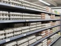 Scaffale di un supermercato con confezioni di uova in cartone grigio e plastica, senza marchi o scritte visibili, con corsia e reparto ortofrutta sfocati sullo sfondo.