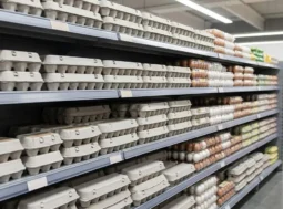 Reparto Uova Supermercato Neutro Scaffale di un supermercato con confezioni di uova in cartone grigio e plastica, senza marchi o scritte visibili, con corsia e reparto ortofrutta sfocati sullo sfondo.
