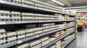 Reparto Uova Supermercato Neutro Scaffale di un supermercato con confezioni di uova in cartone grigio e plastica, senza marchi o scritte visibili, con corsia e reparto ortofrutta sfocati sullo sfondo.