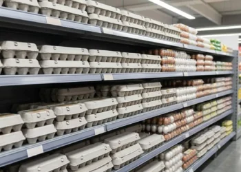 Reparto Uova Supermercato Neutro Scaffale di un supermercato con confezioni di uova in cartone grigio e plastica, senza marchi o scritte visibili, con corsia e reparto ortofrutta sfocati sullo sfondo.