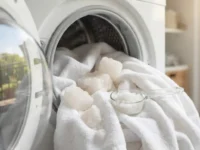 Sale grosso e asciugamani bianchi in una lavatrice aperta per un bucato ecologico e brillante