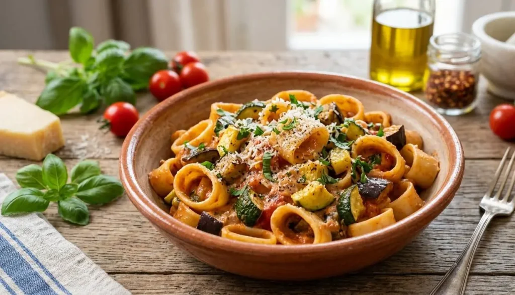 Un piatto di calamarata cremosa con zucchine, melanzane e pomodoro, servito in una ciotola di terracotta su un tavolo di legno rustico con basilico fresco.