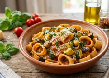 Un piatto di calamarata cremosa con zucchine, melanzane e pomodoro, servito in una ciotola di terracotta su un tavolo di legno rustico con basilico fresco.