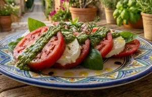 caprese-pomodori-cuore-di-bue-mozzarella-bufala Caprese estiva servita su un piatto bianco con fette di pomodoro cuore di bue, mozzarella di bufala campana DOP bagnata da un pesto fluido di basilico fresco e decorata con foglie intere.