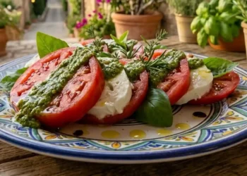 Caprese estiva servita su un piatto bianco con fette di pomodoro cuore di bue, mozzarella di bufala campana DOP bagnata da un pesto fluido di basilico fresco e decorata con foglie intere.