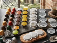 Assortimento di capsule e cialde di caffè di vari marchi pronte per la raccolta differenziata su un tavolo in pietra