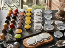 Assortimento di capsule e cialde di caffè di vari marchi pronte per la raccolta differenziata su un tavolo in pietra