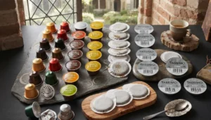 Assortimento di capsule e cialde di caffè di vari marchi pronte per la raccolta differenziata su un tavolo in pietra