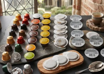 Smaltimento capsule e cialde di caffè Assortimento di capsule e cialde di caffè di vari marchi pronte per la raccolta differenziata su un tavolo in pietra