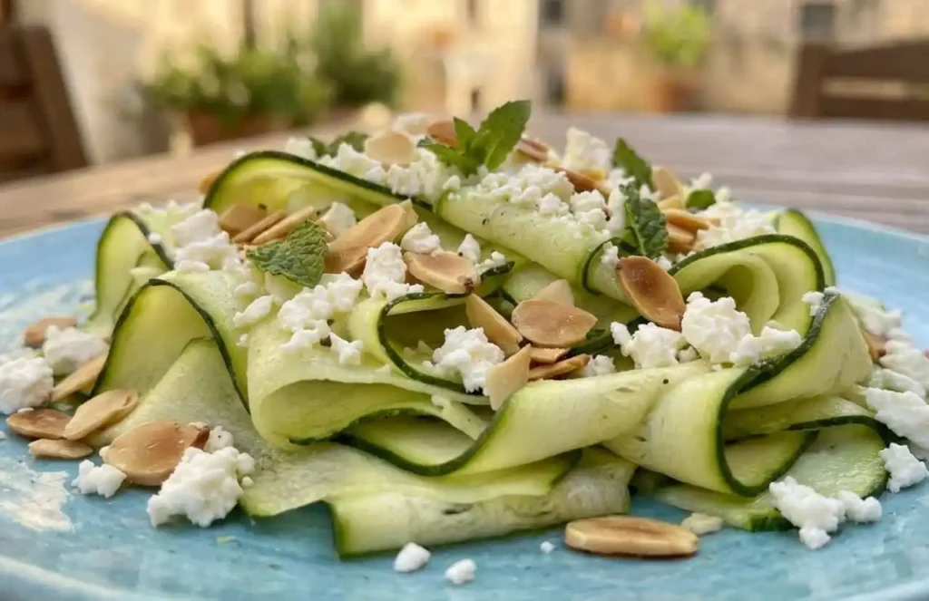 Nastri di zucchine a crudo disposti su un piatto e conditi con feta greca sbriciolata, menta fresca e scaglie di mandorle