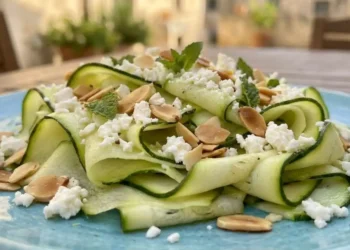 Nastri di zucchine a crudo disposti su un piatto e conditi con feta greca sbriciolata, menta fresca e scaglie di mandorle