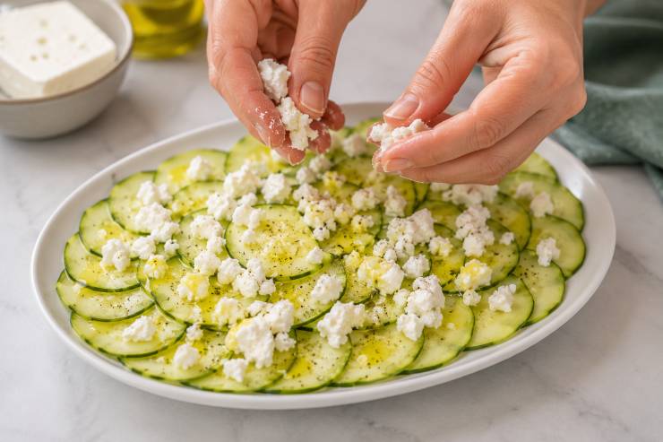 Unite un pizzico di sale (non esagerate, perché la feta è già molto sapida), poi versate l’emulsione in modo uniforme sulle zucchine. Prendete la feta greca con le mani e sbriciolatela grossolanamente direttamente sopra le zucchine marinate. In un padellino antiaderente ben caldo tostate le scaglie di mandorle per circa un minuto, muovendole continuamente finché sprigionano il loro profumo e diventano leggermente dorate.