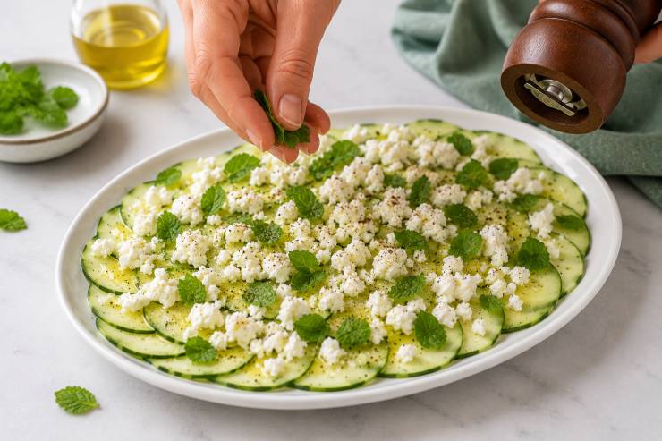 Lasciatele intiepidire e distribuite anche queste sul piatto. Completate il carpaccio distribuendo una manciata di foglioline di menta fresca (spezzettate a mano se grandi) ed una spolverata di pepe nero macinato al momento. Servite subito per gustare al massimo la croccantezza della verdura!