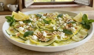 carpaccio-zucchine-gialle-verdi-feta-menta-mandorle Sottili sfoglie di zucchine verdi e gialle crude disposte a nastro su un piatto bianco, condite con feta sbriciolata, mandorle tostate e foglioline di menta fresca.