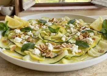 Sottili sfoglie di zucchine verdi e gialle crude disposte a nastro su un piatto bianco, condite con feta sbriciolata, mandorle tostate e foglioline di menta fresca.