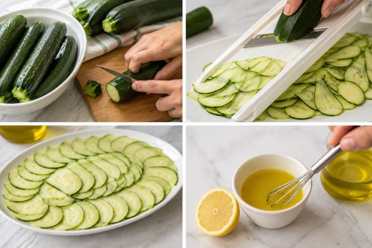 Lavate accuratamente le zucchine, spuntatele ed asciugatele. Utilizzando una mandolina ben affilata o un pelapatate, tagliatele sottilissime. Disponetele su un grande piatto da portata, sovrapponendo leggermente. In una tazzina preparate una citronette veloce emulsionando il succo di mezzo limone filtrato con tre cucchiai di olio extravergine d’oliva.