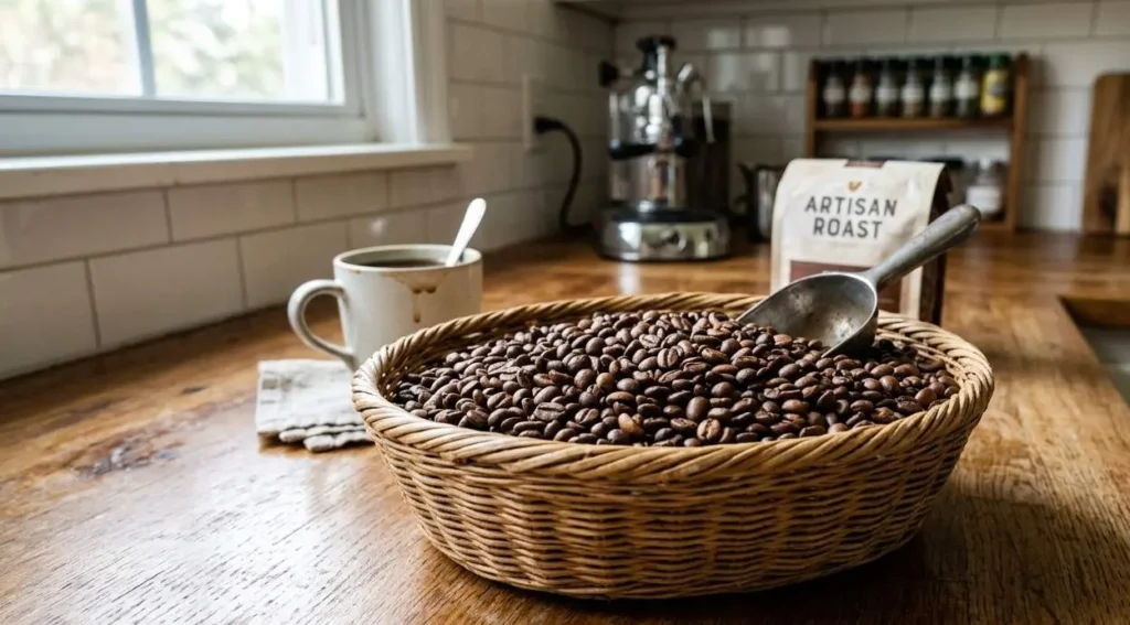 Cesta con chicchi di caffè artigianali Cesta di vimini colma di chicchi di caffè su un tavolo di legno in una cucina luminosa