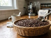 Cesta di vimini colma di chicchi di caffè su un tavolo di legno in una cucina luminosa