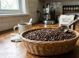 Cesta con chicchi di caffè artigianali Cesta di vimini colma di chicchi di caffè su un tavolo di legno in una cucina luminosa