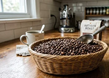 Cesta di vimini colma di chicchi di caffè su un tavolo di legno in una cucina luminosa