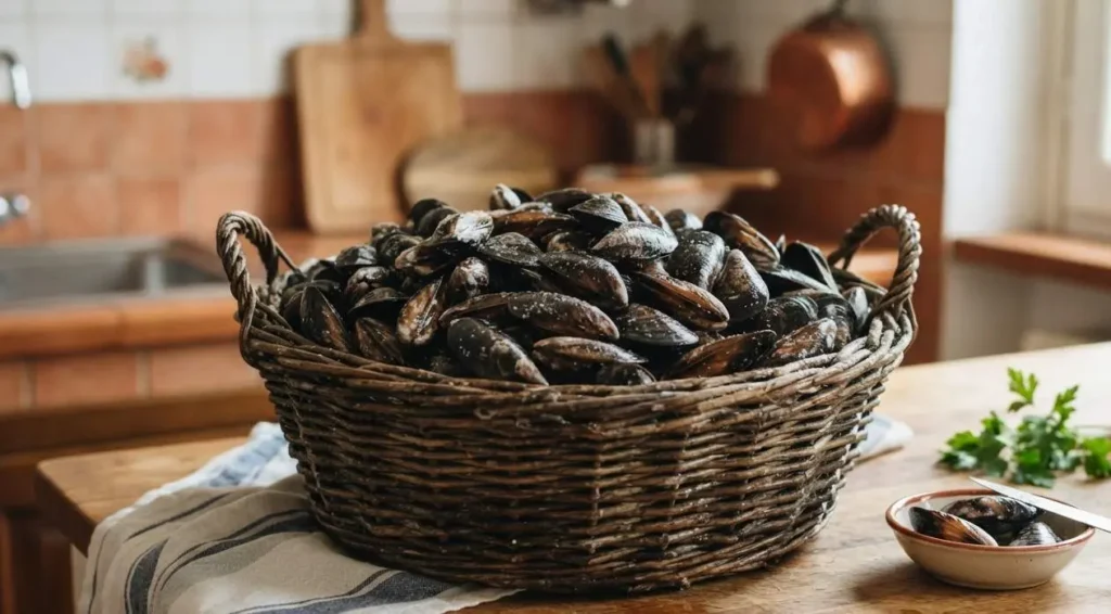 Cesta in vimini piena di cozze fresche su un tavolo di legno in cucina, pronta per la pulizia e la cottura.