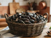Cesta in vimini piena di cozze fresche su un tavolo di legno in cucina, pronta per la pulizia e la cottura.