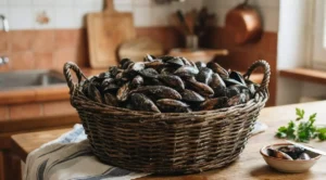 Cesta in vimini piena di cozze fresche su un tavolo di legno in cucina, pronta per la pulizia e la cottura.