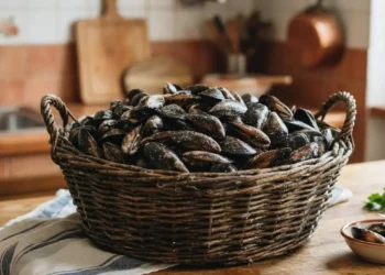 Cesta in vimini piena di cozze fresche su un tavolo di legno in cucina, pronta per la pulizia e la cottura.