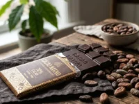 Tavoletta di cioccolato fondente 70% di alta qualità appoggiata su un tavolo rustico in legno accanto a una manciata di fave di cacao tostate e una ciotolina