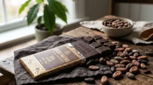 Tavoletta di cioccolato fondente 70% di alta qualità appoggiata su un tavolo rustico in legno accanto a una manciata di fave di cacao tostate e una ciotolina