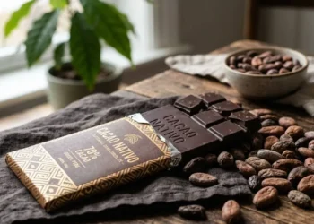Tavoletta di cioccolato fondente 70% di alta qualità appoggiata su un tavolo rustico in legno accanto a una manciata di fave di cacao tostate e una ciotolina
