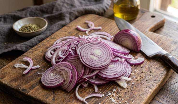 Prendete le cipolle rosse, sbucciatele e tagliatele a fettine sottili. Scaldate un filo di olio extravergine d’oliva in una padella capiente e versatevi le cipolle insieme alle foglie di alloro. Coprite con un coperchio e lasciatele rosolare a fiamma dolce per circa 30 minuti, finché non saranno completamente morbide e appassite. Ricordatevi di mescolare di tanto in tanto e di aggiungere un goccio d’acqua all’occorrenza per non farle bruciare.