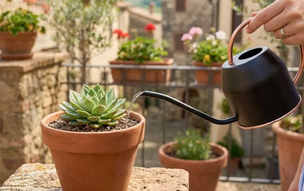 Mano che innaffia la terra di una pianta grassa succulenta in vaso usando un beccuccio lungo