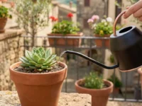 Mano che innaffia la terra di una pianta grassa succulenta in vaso usando un beccuccio lungo