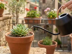 come-innaffiare-pianta-grassa-estate-trucco-ustioni Mano che innaffia la terra di una pianta grassa succulenta in vaso usando un beccuccio lungo