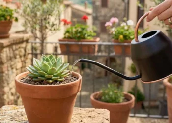 come-innaffiare-pianta-grassa-estate-trucco-ustioni Mano che innaffia la terra di una pianta grassa succulenta in vaso usando un beccuccio lungo