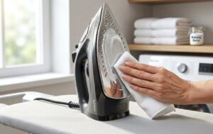 Mano che pulisce la piastra in acciaio di un ferro da stiro con un panno in microfibra e pasta di bicarbonato