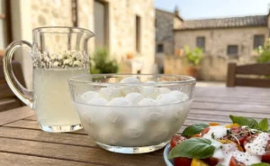 come-riciclare-acqua-della-mozzarella-salsa-cremosa Una ciotola di vetro con mozzarelle nel loro liquido e una salsa bianca cremosa versata su un'insalata