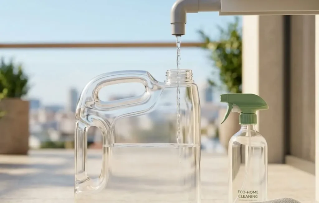 come-riutilizzare-acqua-condensa-condizionatore-pulizie Una tanica trasparente sul balcone che raccoglie l'acqua di condensa del condizionatore