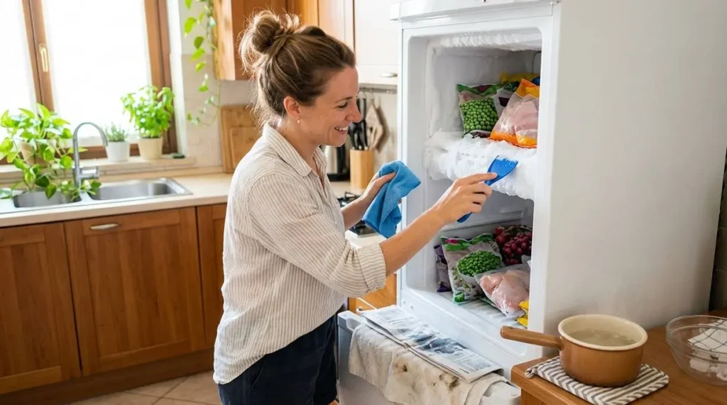Sbrinare il freezer in estate: trucchi veloci Donna in cucina che sbrina il freezer in estate utilizzando un raschietto di plastica e un panno, con una pentola d'acqua calda sul tavolo.
