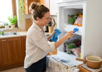Sbrinare il freezer in estate: trucchi veloci Donna in cucina che sbrina il freezer in estate utilizzando un raschietto di plastica e un panno, con una pentola d'acqua calda sul tavolo.