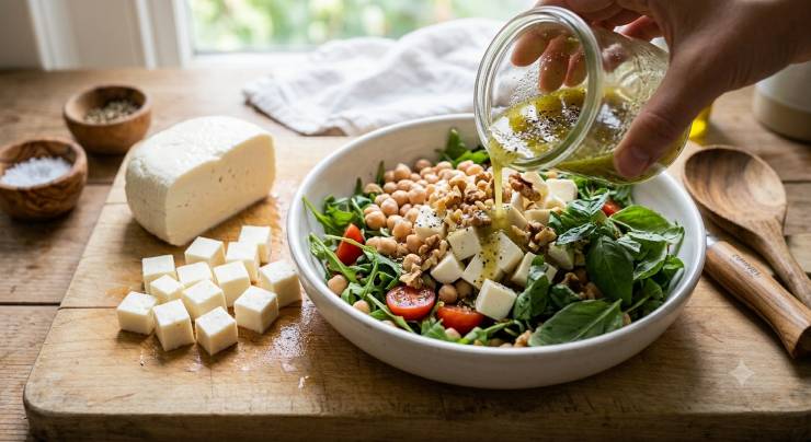 Preparate un’emulsione veloce in una tazzina mescolando un giro generoso di olio extravergine d’oliva, qualche goccia di succo di limone e un pizzico di sale e pepe. Versate il condimento sul piatto e mescolate con cura ma delicatamente, per evitare di rompere il formaggio e la frutta. Servite subito o lasciate riposare in frigo: buon appetito!