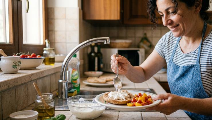 Conditeli generosamente con olio extravergine d’oliva, un pizzico di sale ed una spolverata di origano secco. Mescolate e lasciate che rilascino il loro sughetto saporito. Distribuite i pomodorini conditi sopra le friselle bagnate insieme al loro condimento che andrà a insaporire ulteriormente il pane. Adagiate un cucchiaio abbondante di stracciatella di bufala fresca sopra lo strato di pomodorini.