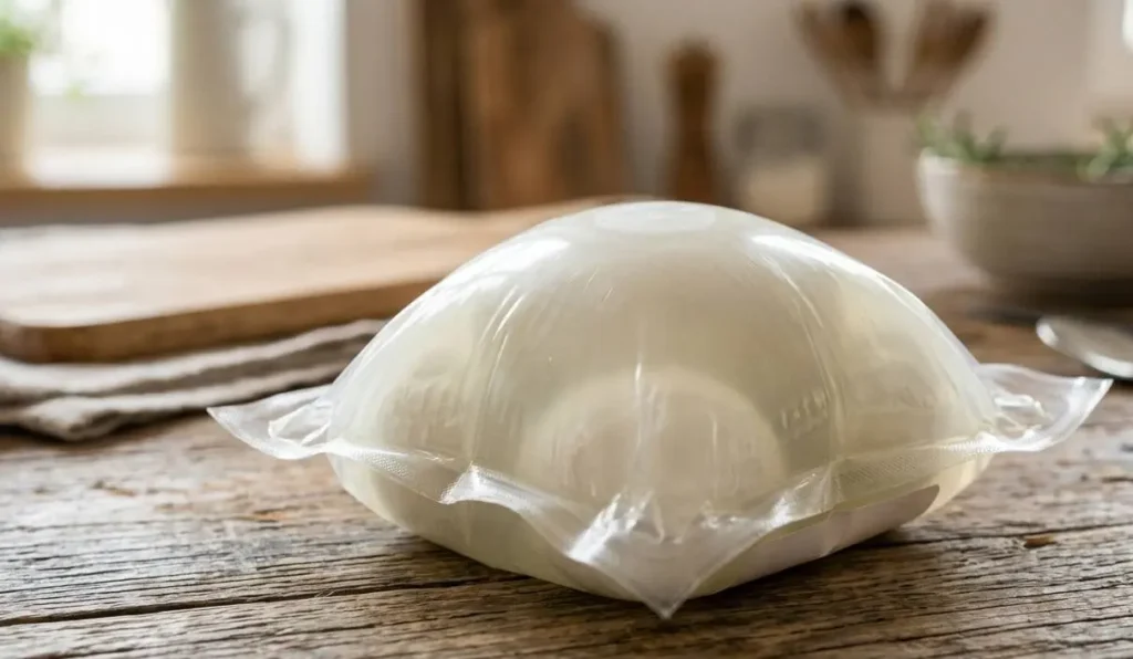 Confezione Gonfia - Bombaggio Alimentare Una confezione di plastica termosaldata visibilmente gonfia per effetto del bombaggio alimentare appoggiata su un tavolo di legno in cucina.
