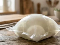 Una confezione di plastica termosaldata visibilmente gonfia per effetto del bombaggio alimentare appoggiata su un tavolo di legno in cucina.