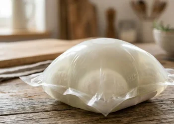 Confezione Gonfia - Bombaggio Alimentare Una confezione di plastica termosaldata visibilmente gonfia per effetto del bombaggio alimentare appoggiata su un tavolo di legno in cucina.
