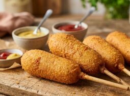 Corn dog fatti in casa Corn dog fatti in casa dorati e croccanti su un tagliere di legno con salse