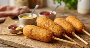 Corn dog fatti in casa Corn dog fatti in casa dorati e croccanti su un tagliere di legno con salse