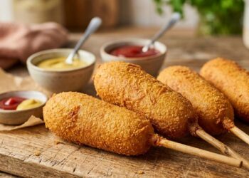 Corn dog fatti in casa Corn dog fatti in casa dorati e croccanti su un tagliere di legno con salse